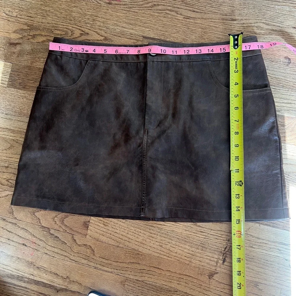 Cider Brown Faux Leather Mini Skirt Distressed A-Line Pockets XL